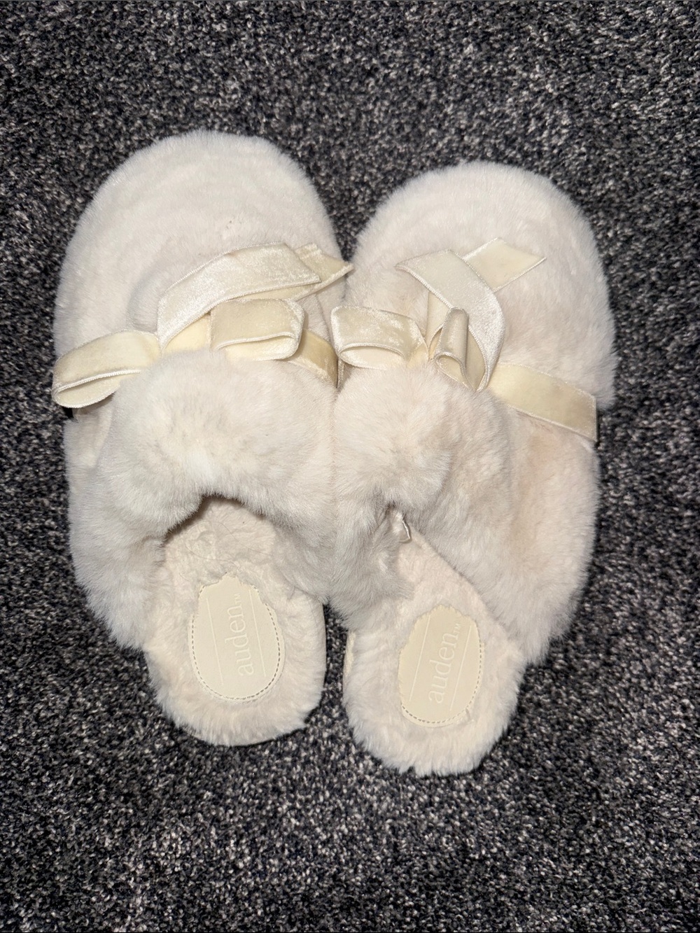 Auden Cream Plush Slide Slippers with Satin Bow